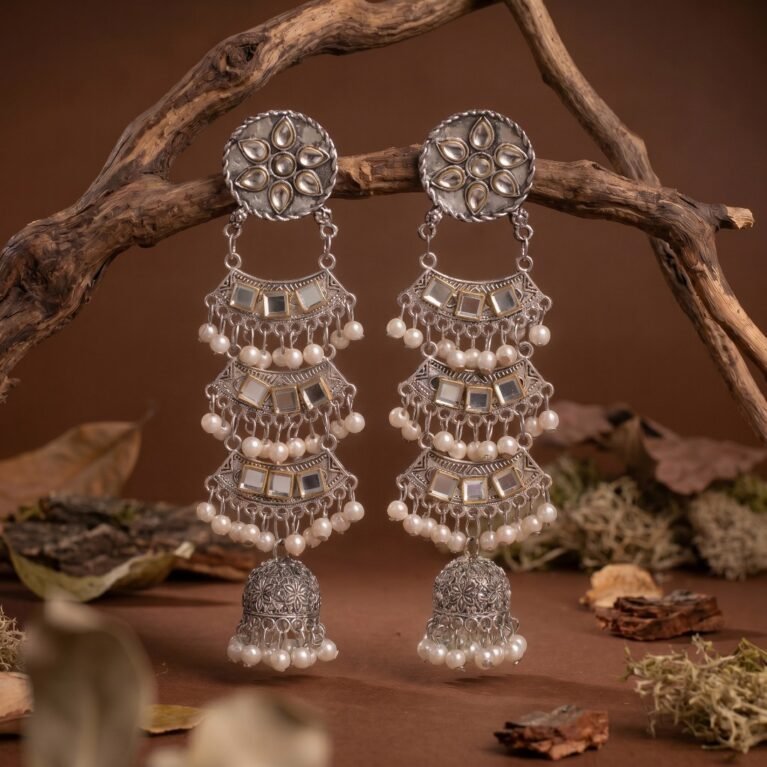 Darpan Cascade Floral Dome Antique Silver Jhumka