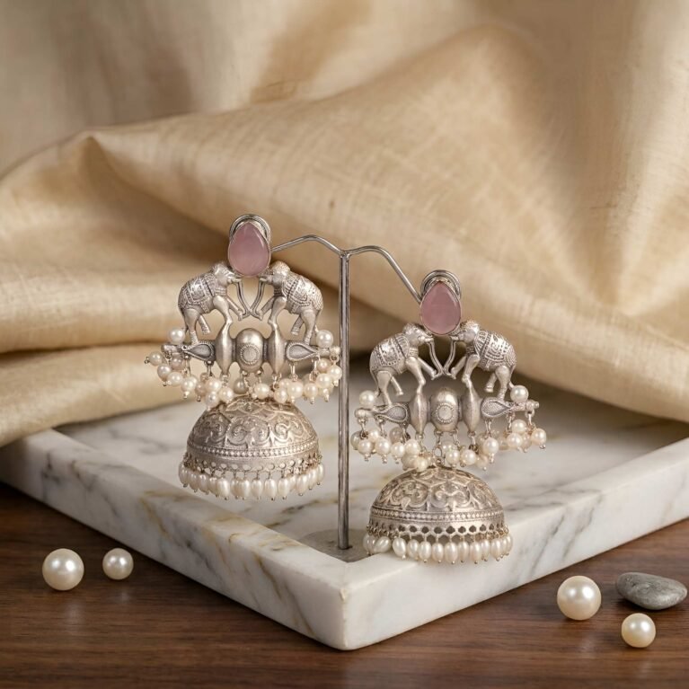 Blush Pink Ambari Antique Silver Jhumka