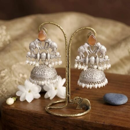 Burnt Orange Ambari Antique Silver Jhumka