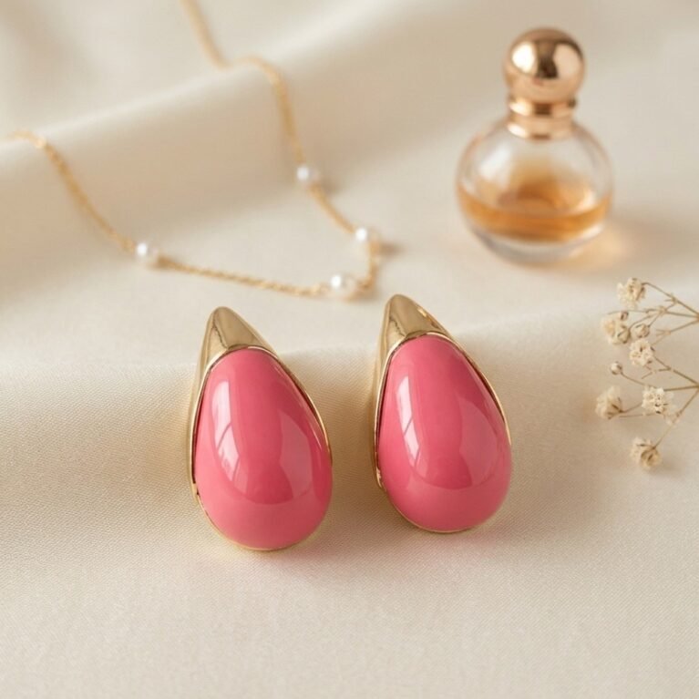 Flamingo Muse | Gold Plated Enamel Teardrop Stud Earrings