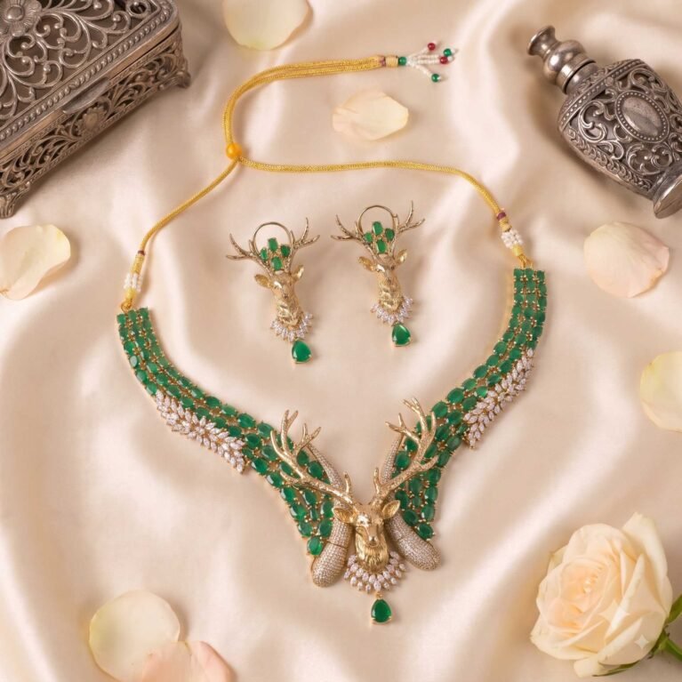Emerald Stagfall American Diamond Necklace & Earring Ensemble