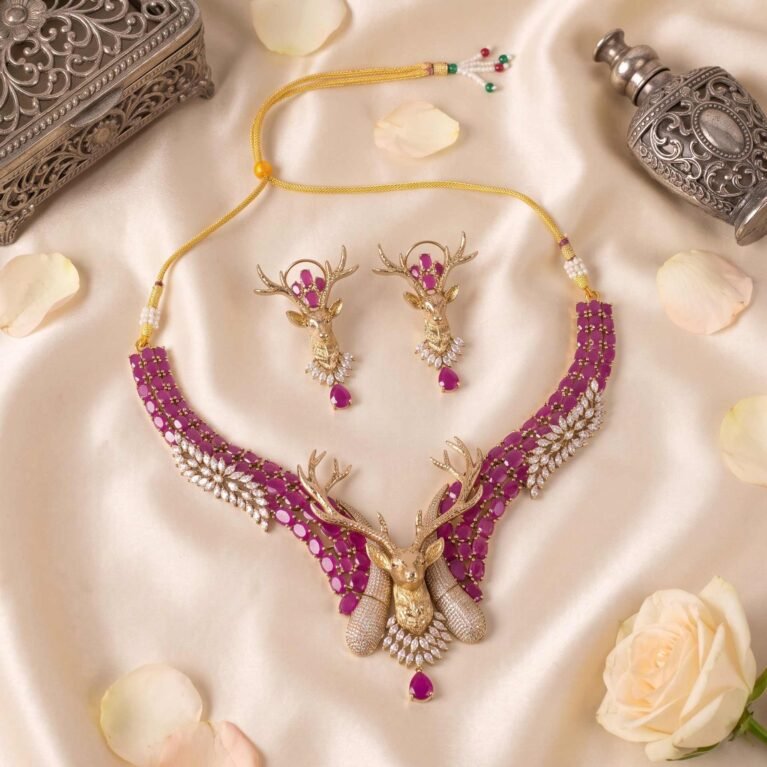 Magenta Stagfall American Diamond Necklace & Earring Ensemble