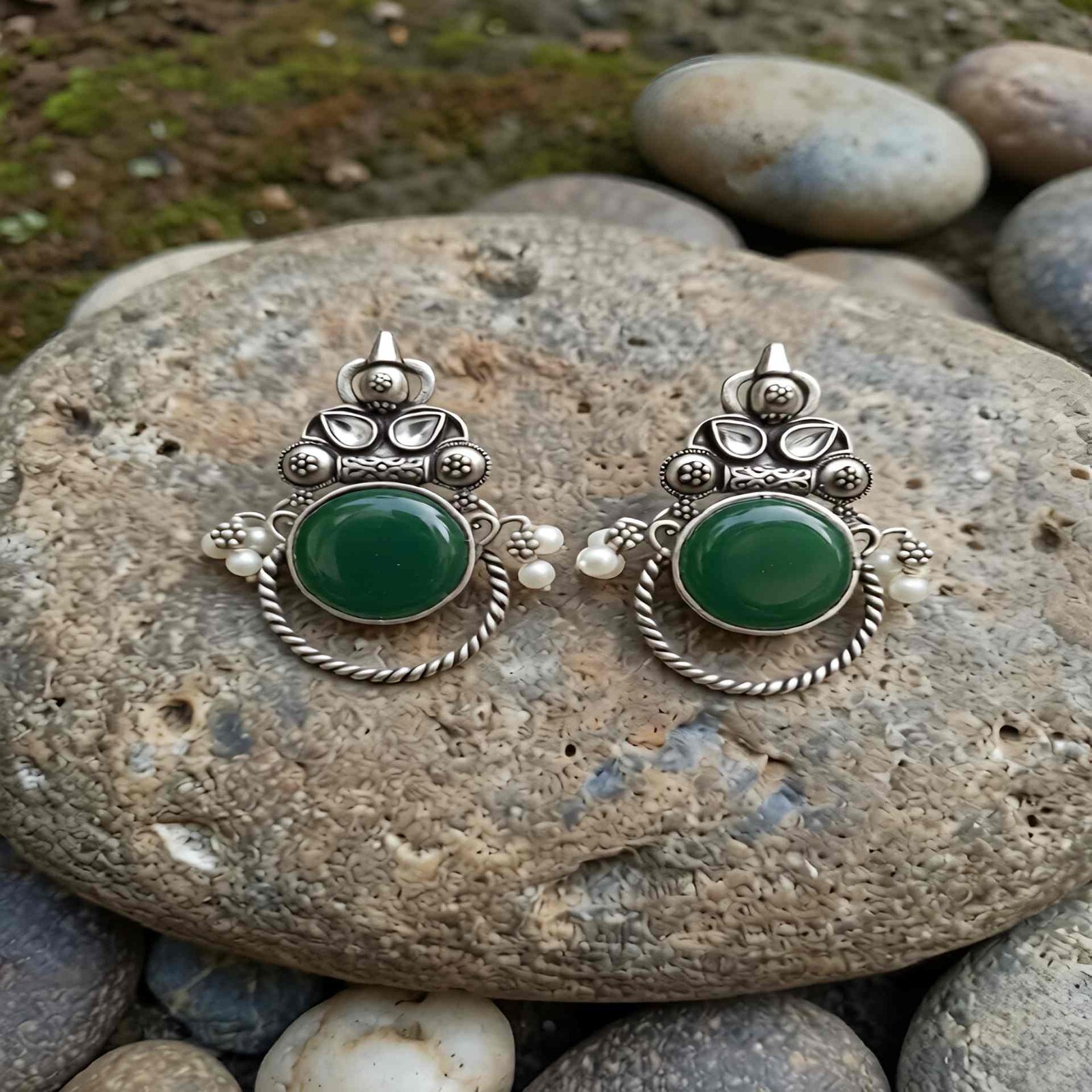 Emerald Lunette Stone Stud Earrings