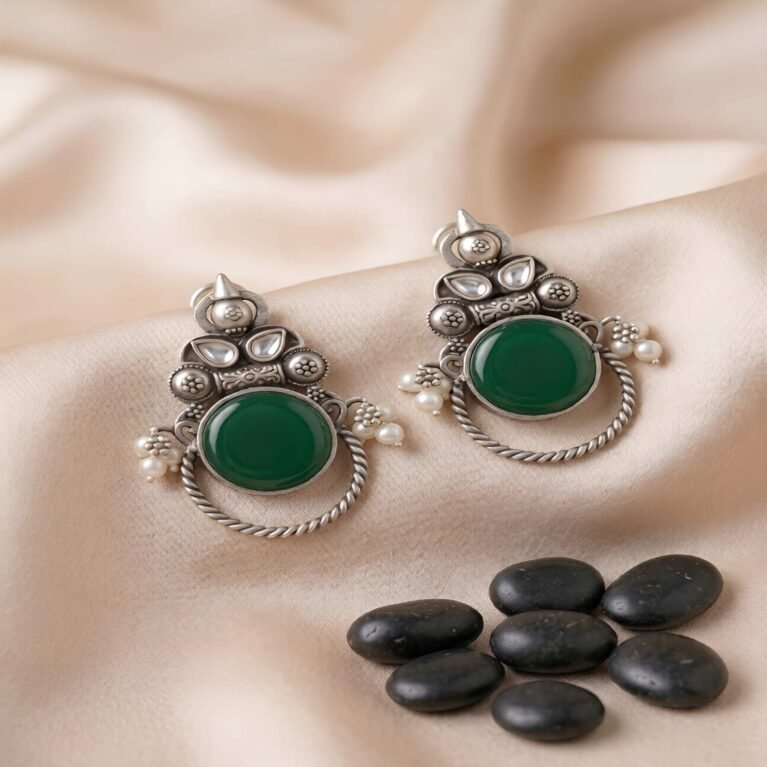 Emerald Lunette Stone Stud Earrings