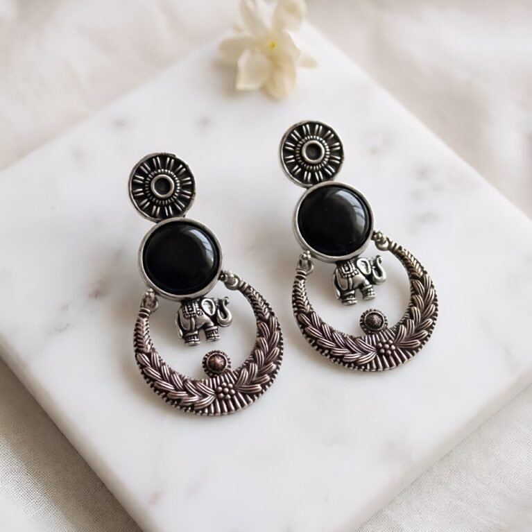 Ebony Caravan Elephant Antique Silver Tone Brass Chandbali Earrings