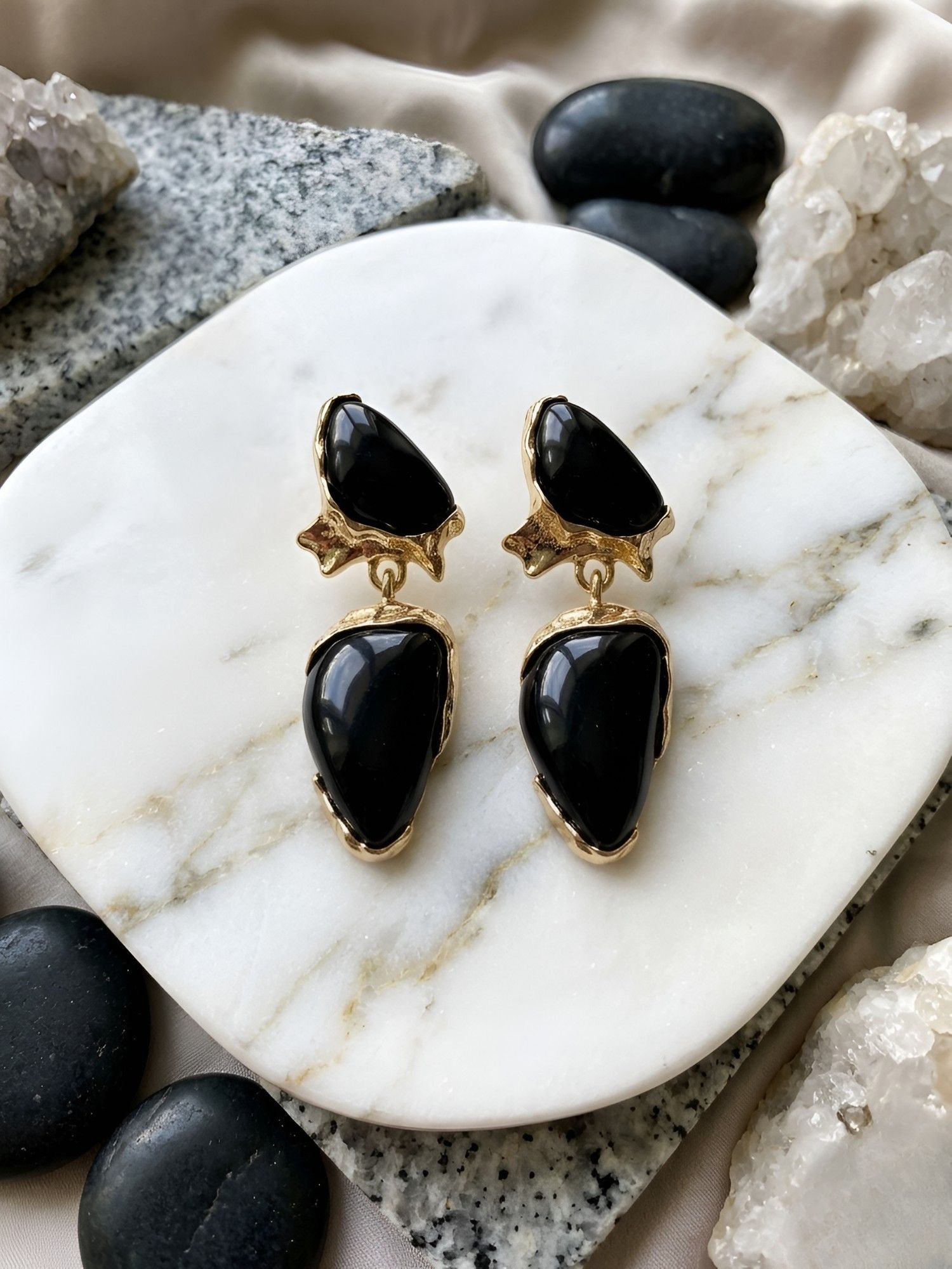 Gilded Geode Obsidian Gold Plated Drop Earrings