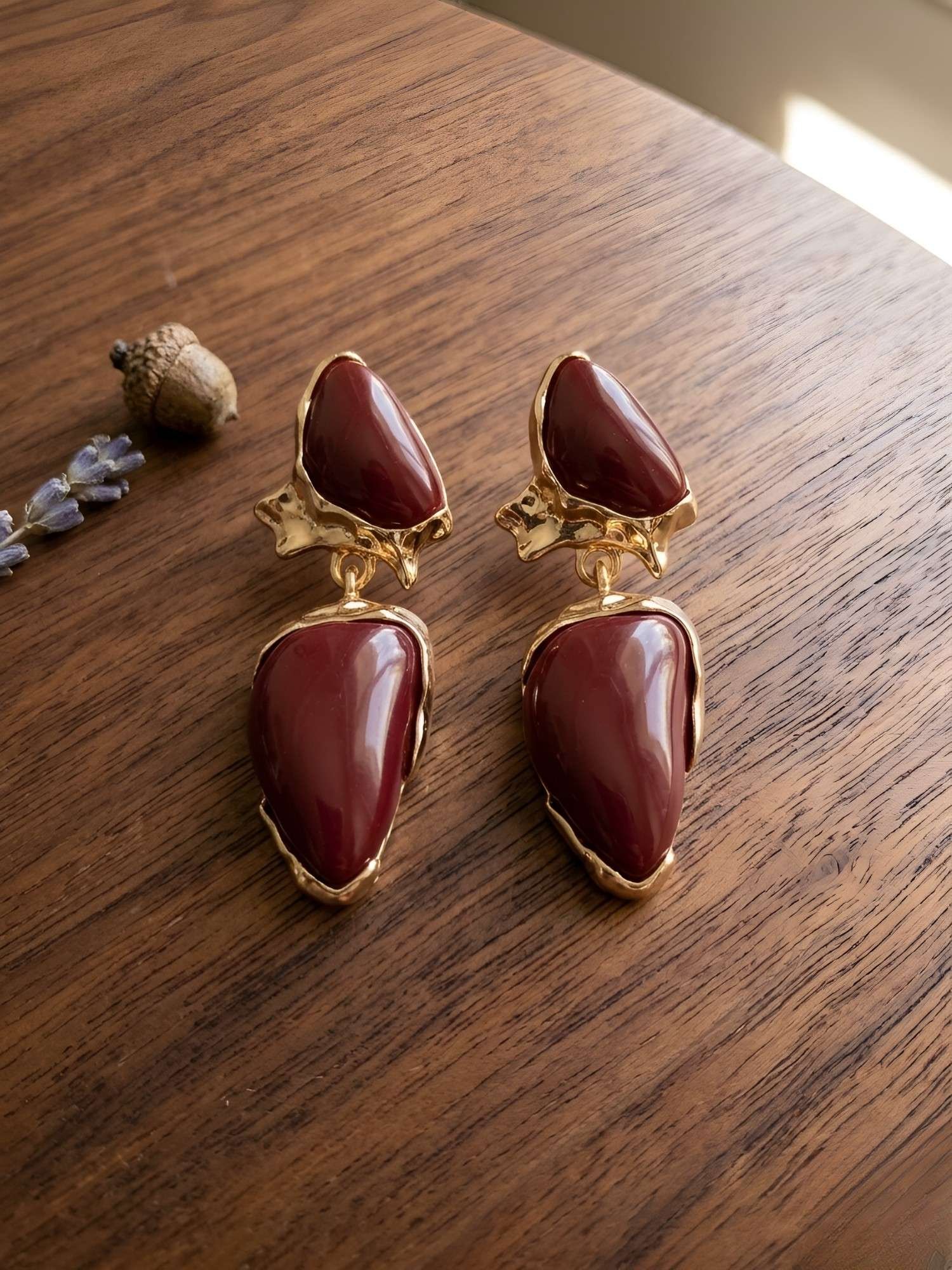 Gilded Geode Merlot Gold Plated Drop Earrings