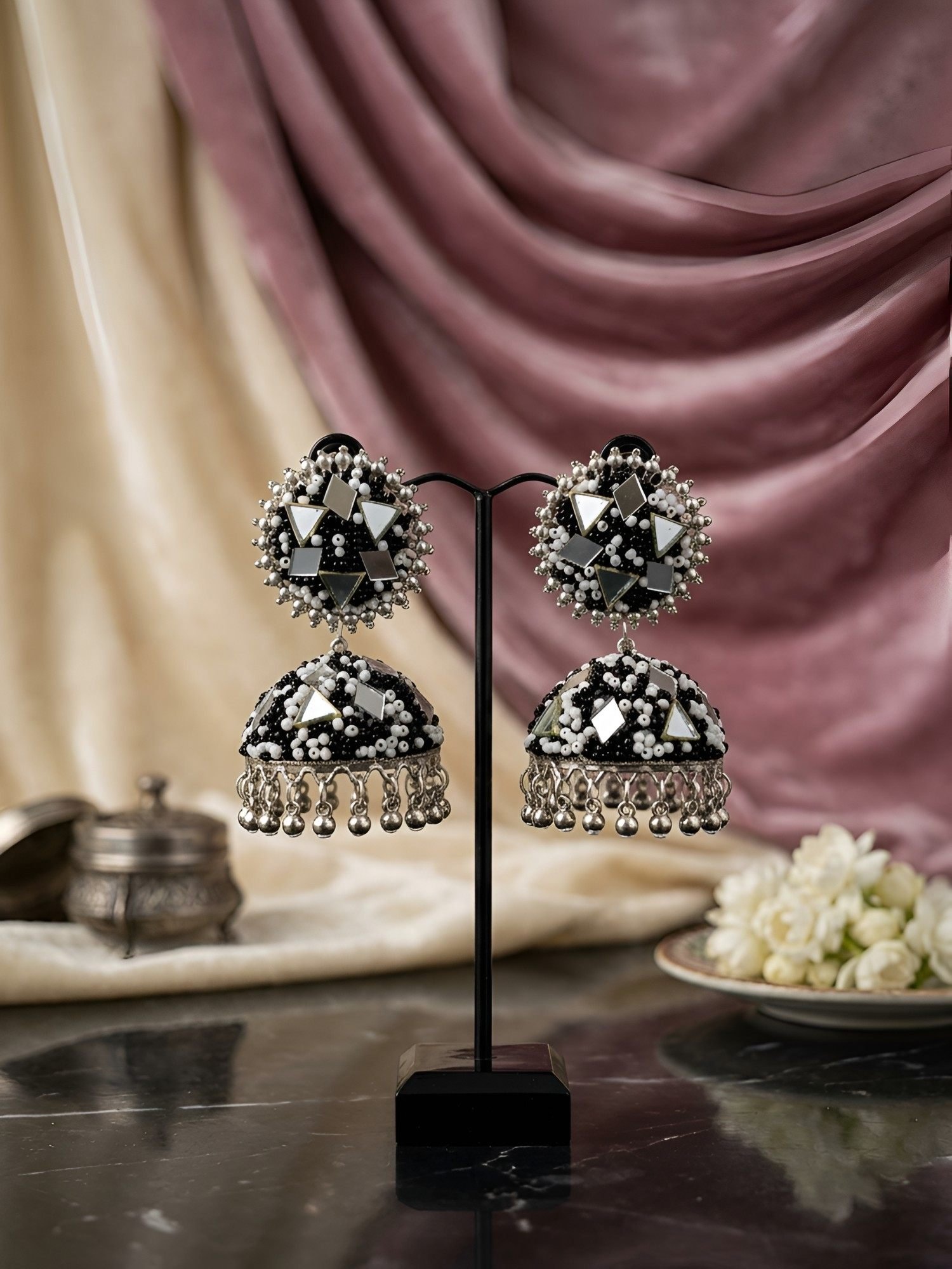 Mirror Glam Nazakat Sitara Antique Oxidised Silver Jhumka