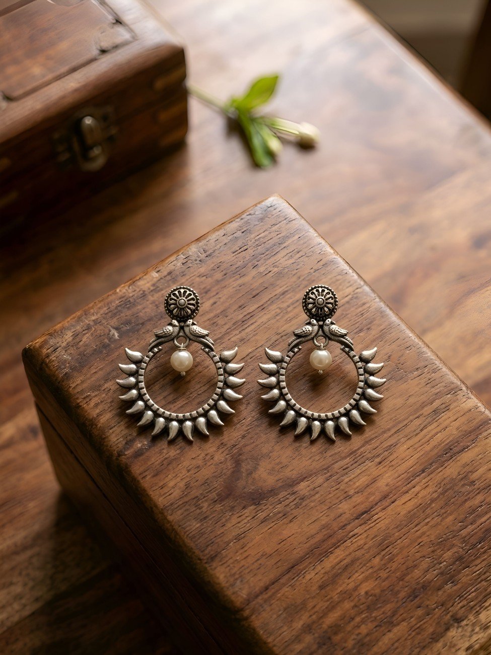 Coronet Pearl Antique Silver Tone Brass Chandbali Earrings
