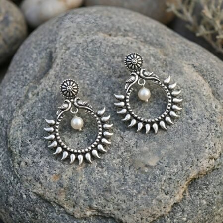 Coronet Pearl Antique Silver Tone Brass Chandbali Earrings