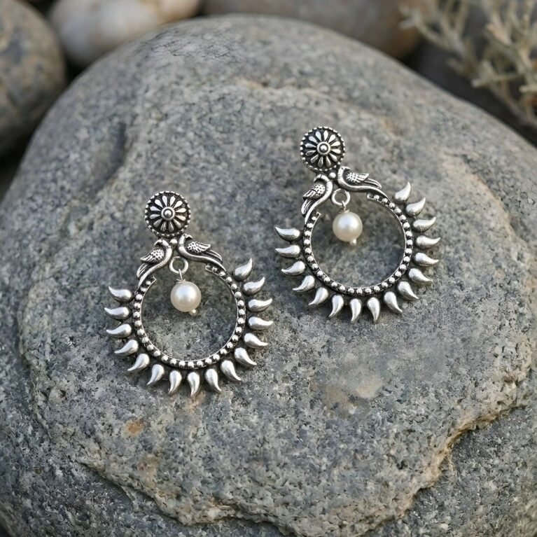 Coronet Pearl Antique Silver Tone Brass Chandbali Earrings