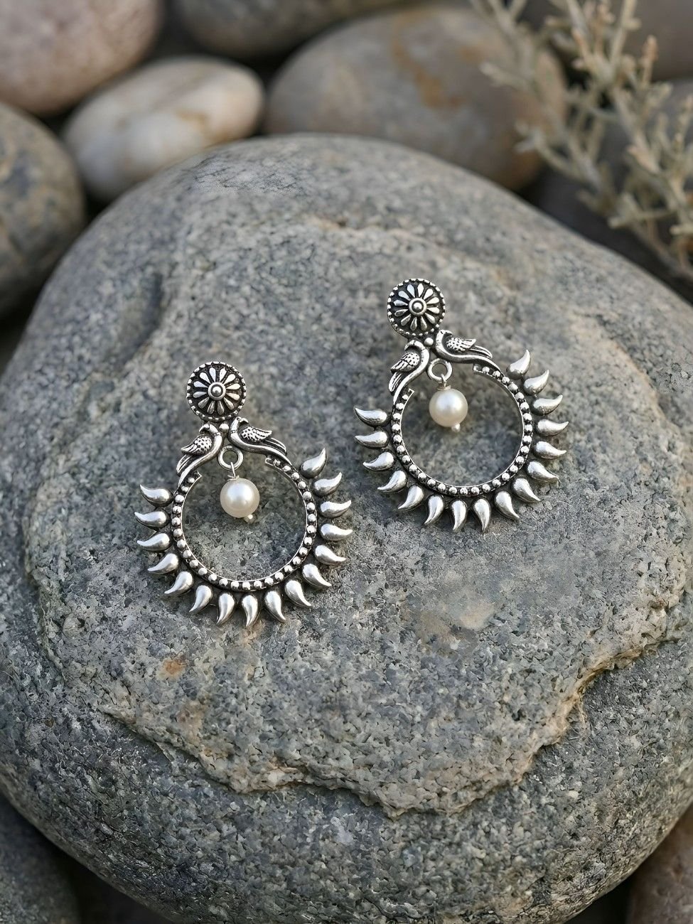 Coronet Pearl Antique Silver Tone Brass Chandbali Earrings