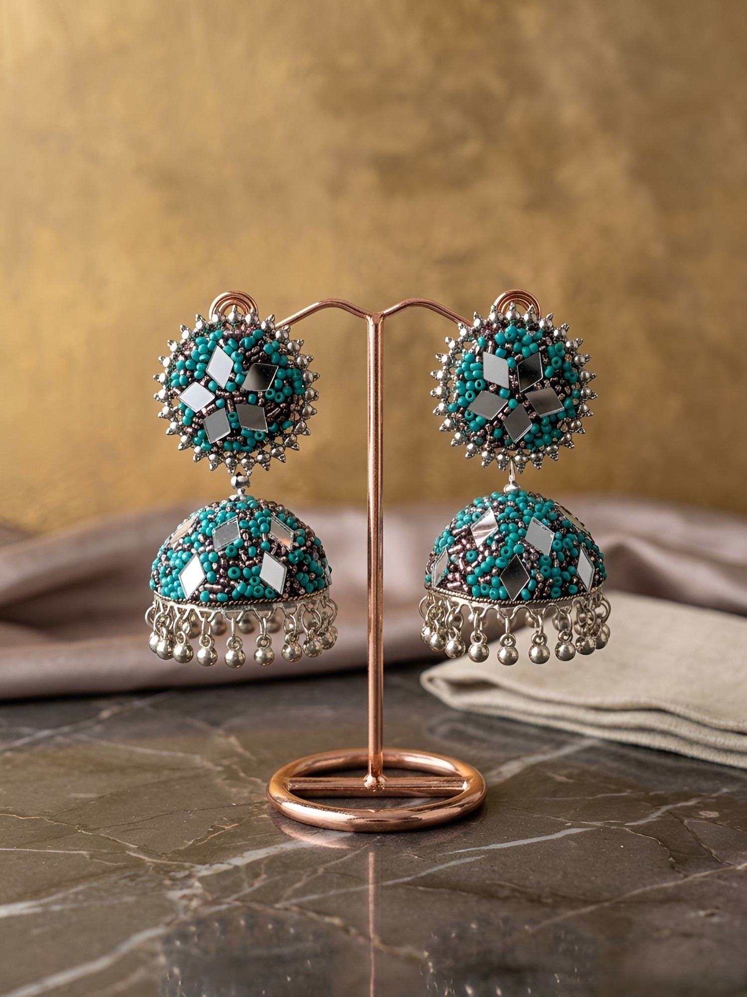 Mirror Glam Nazakat Firoza Antique Oxidised Silver Jhumka